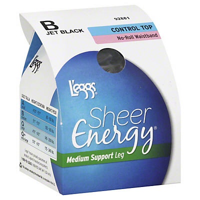 slide 1 of 6, L'eggs Sheer Energy Control Top No-Roll Waistband Medium Support Leg Pantyhose Jet Black Size B, 1 ct