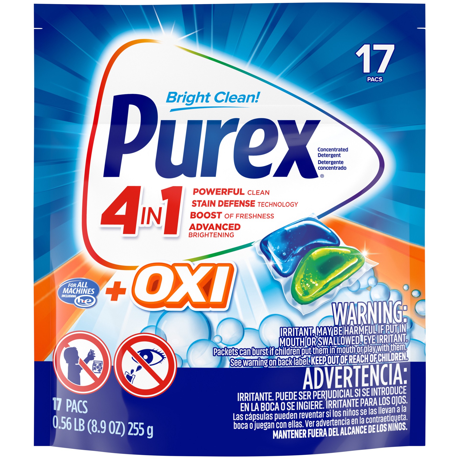 slide 3 of 3, Purex 4-in-1 Plus OXI Laundry Detergent Pacs, Fresh Morning Burst, 17 Loads, 17 ct
