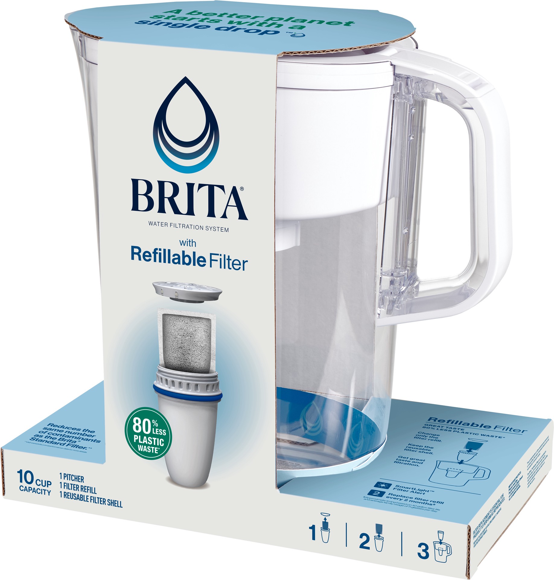 slide 2 of 5, Brita Refillable Water Filtration System with Large 10 Cup Pitcher, Tahoe, White, and 1 Refillable Filter, 1 ct