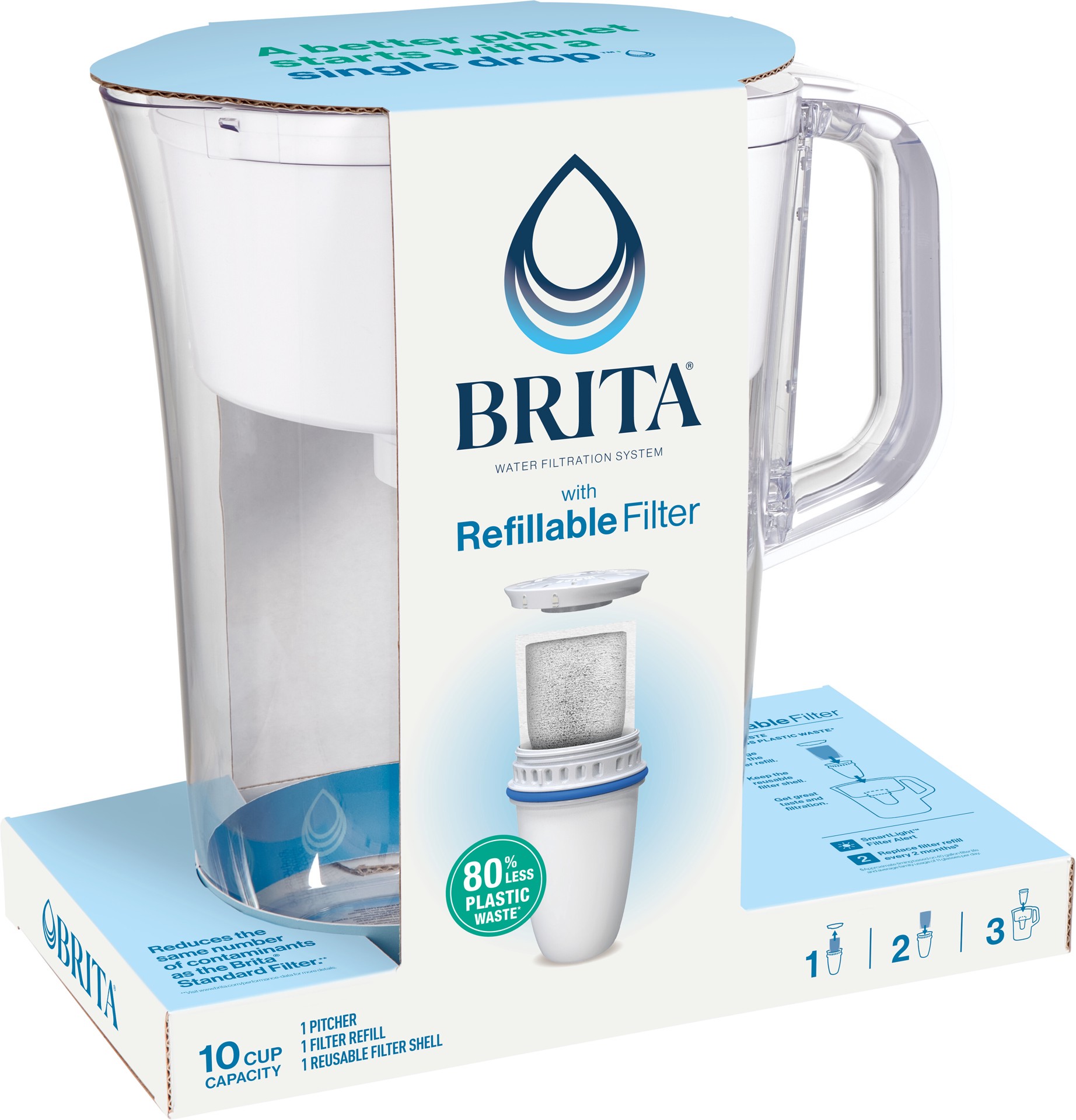 slide 3 of 5, Brita Refillable Water Filtration System with Large 10 Cup Pitcher, Tahoe, White, and 1 Refillable Filter, 1 ct