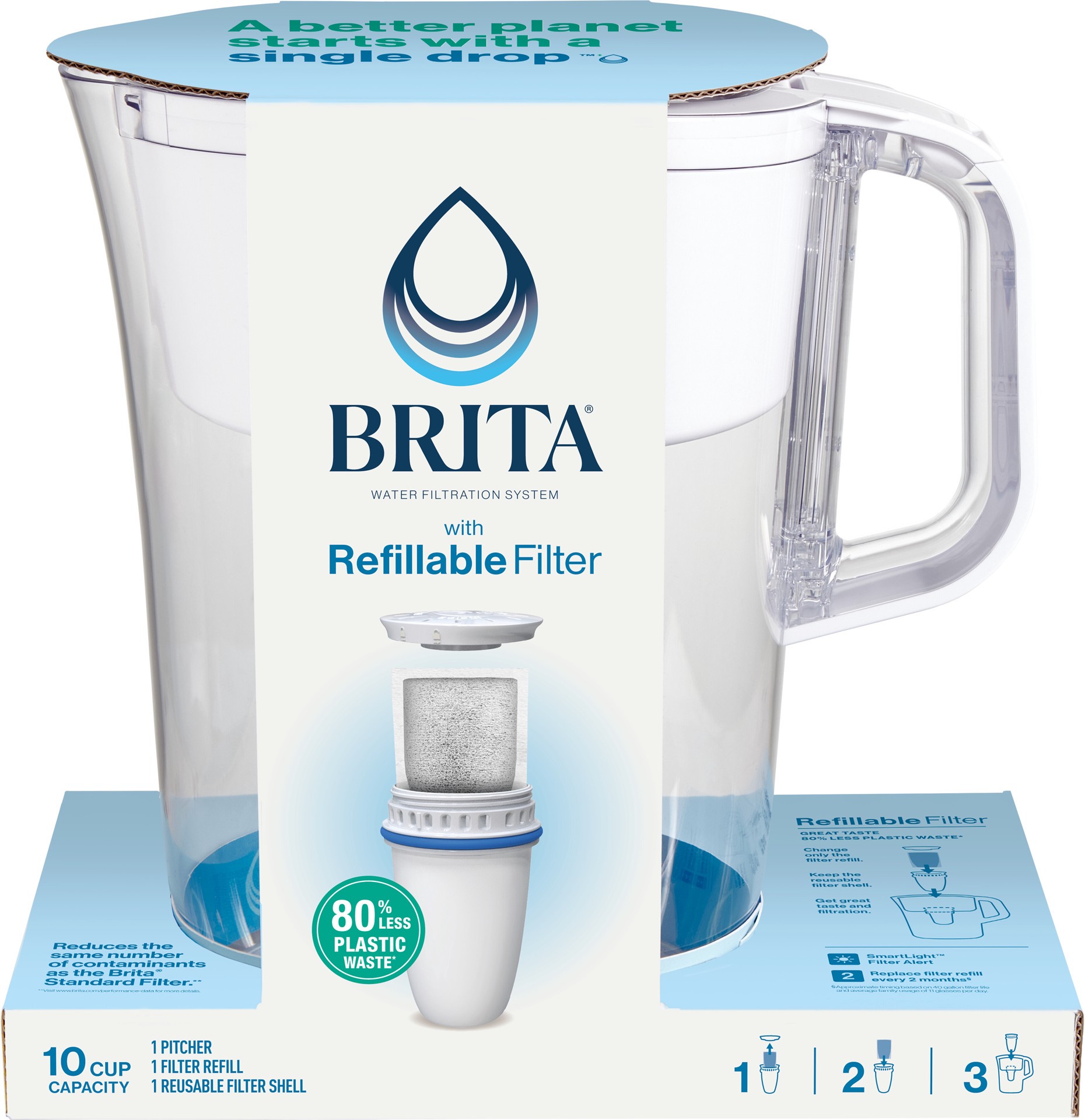 slide 1 of 5, Brita Refillable Water Filtration System with Large 10 Cup Pitcher, Tahoe, White, and 1 Refillable Filter, 1 ct