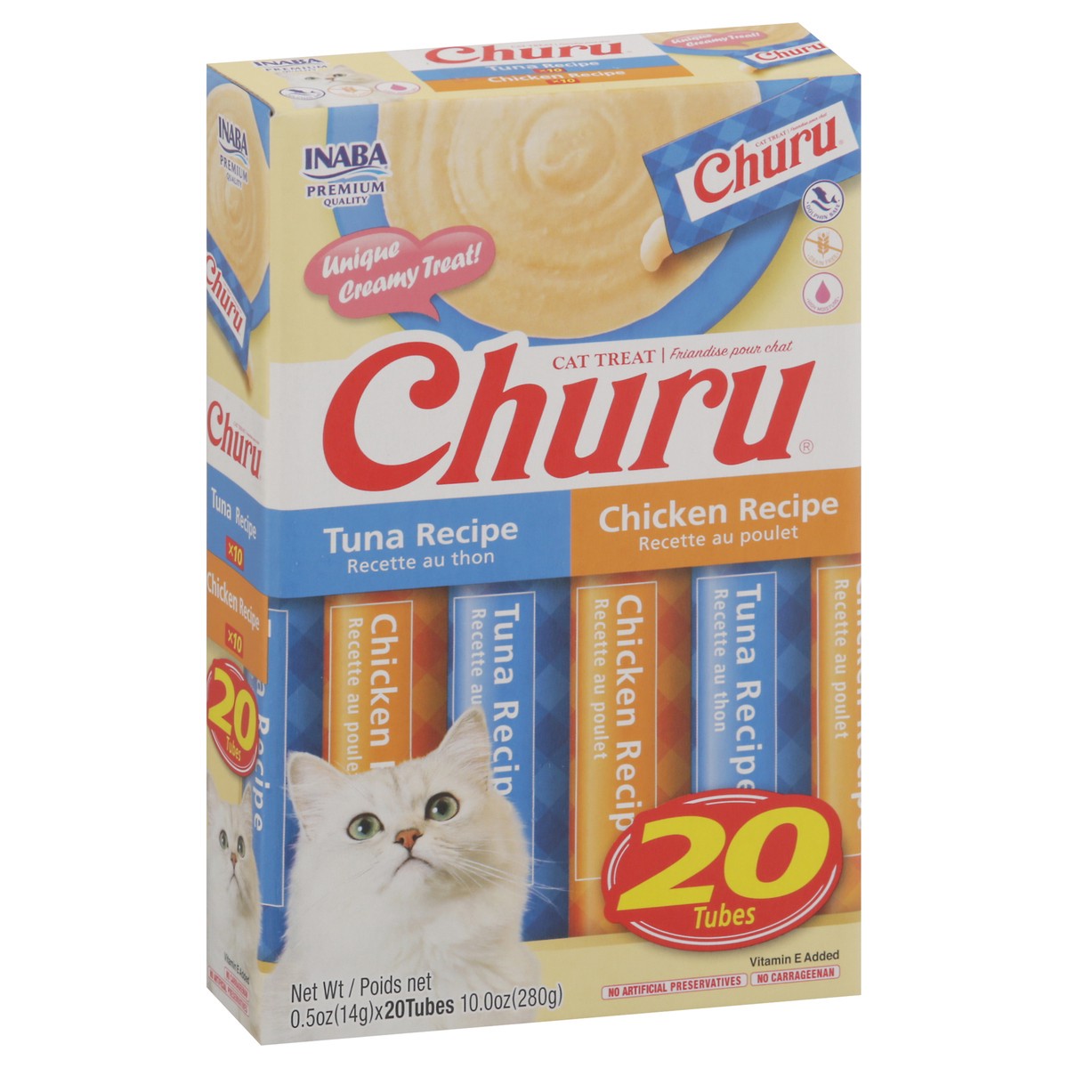 slide 13 of 15, Inaba Churu Cat Treats, Grain-Free Lickable Creamy Purée with Vitamin E, 0.5 Ounces per Tube, 20 Tubes Total, Tuna & Chicken Variety Box, 10 oz