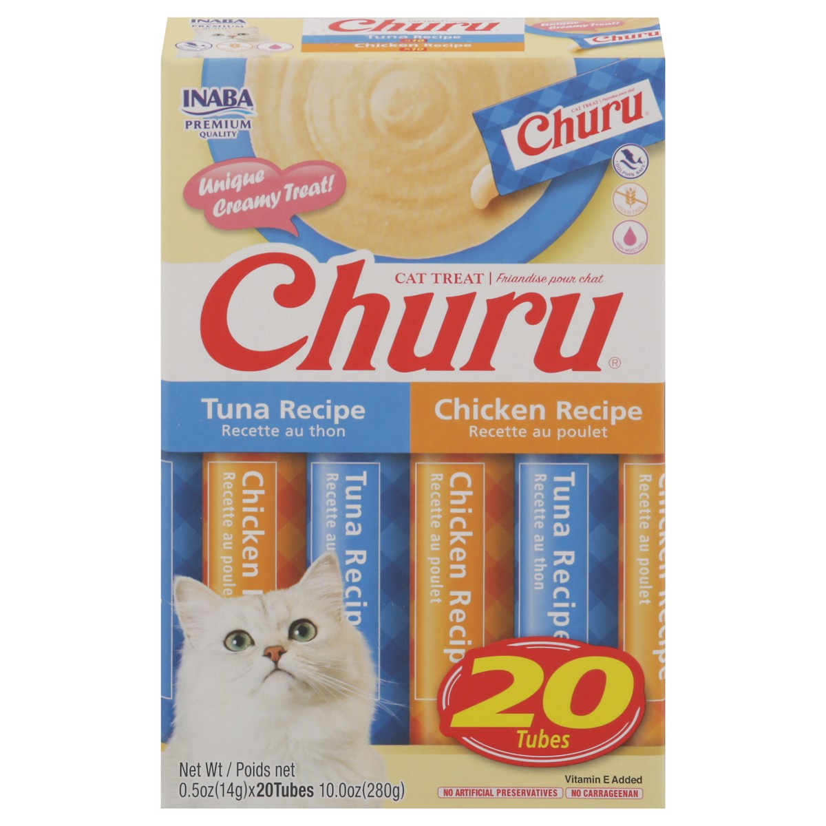 slide 4 of 15, Inaba Churu Cat Treats, Grain-Free Lickable Creamy Purée with Vitamin E, 0.5 Ounces per Tube, 20 Tubes Total, Tuna & Chicken Variety Box, 10 oz