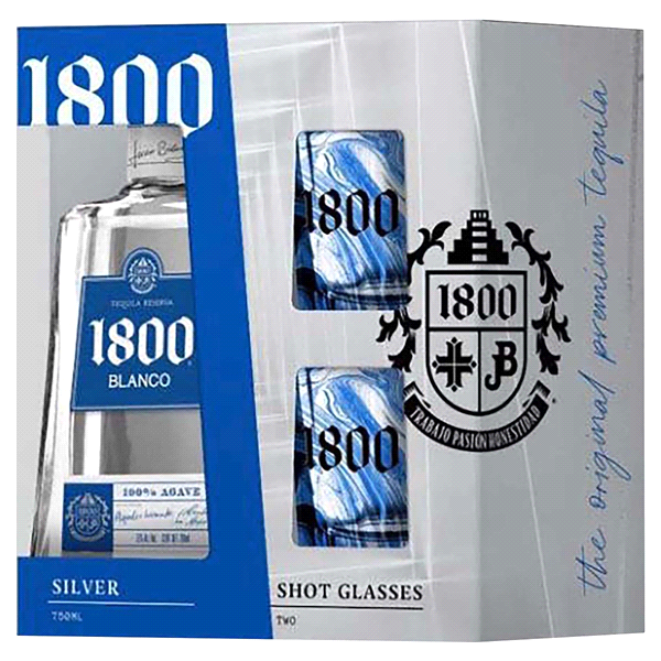 slide 1 of 1, 1800 Silver Tequila W/Shot Glasses, 750 ml