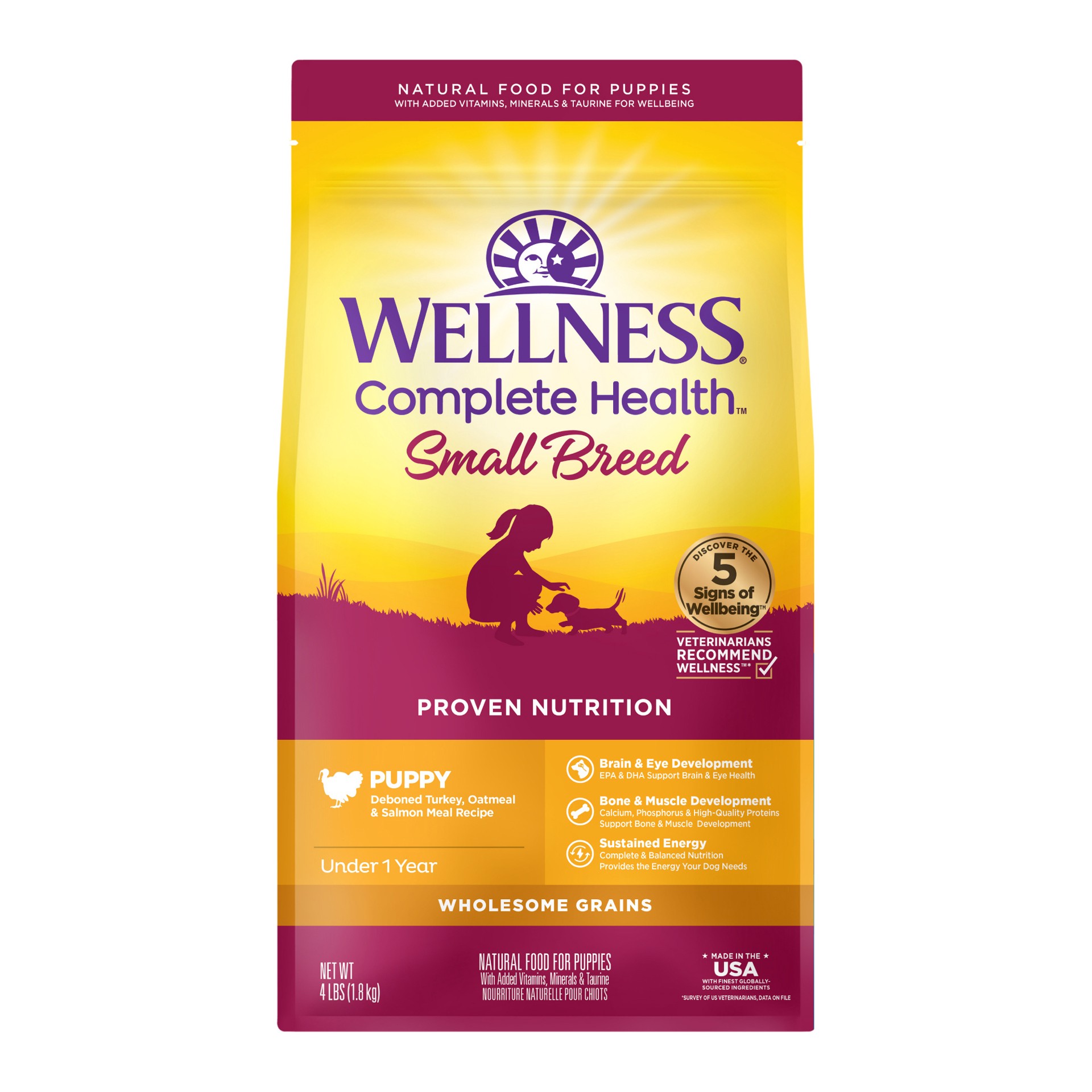 slide 1 of 5, Wellness Complete Health Natural Dry Small Breed Puppy Food, Turkey, Salmon & Oatmeal, 4-Pound Bag, 1 ct