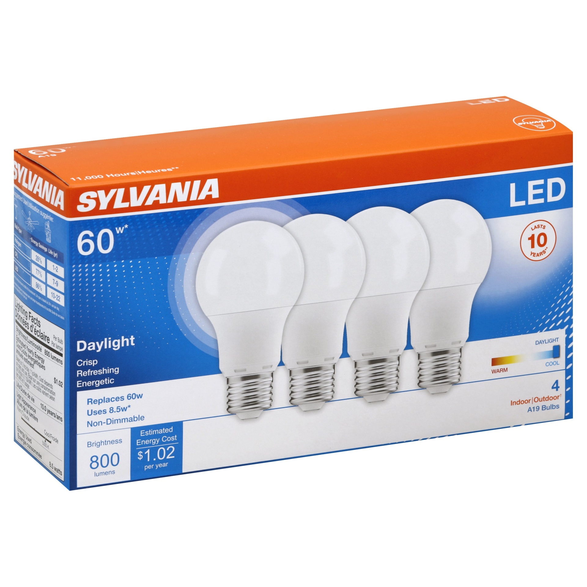 slide 1 of 1, Sylvania A19 LED 60 Watts Daylight Bulbs, 4 ct