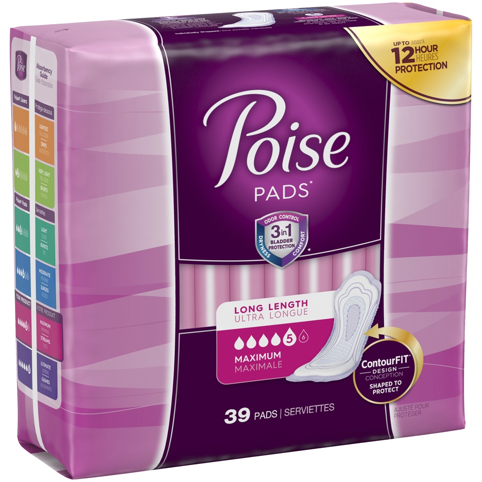 slide 2 of 3, Poise Maximum Absorbency Long Incontinence Pads, 39 ct
