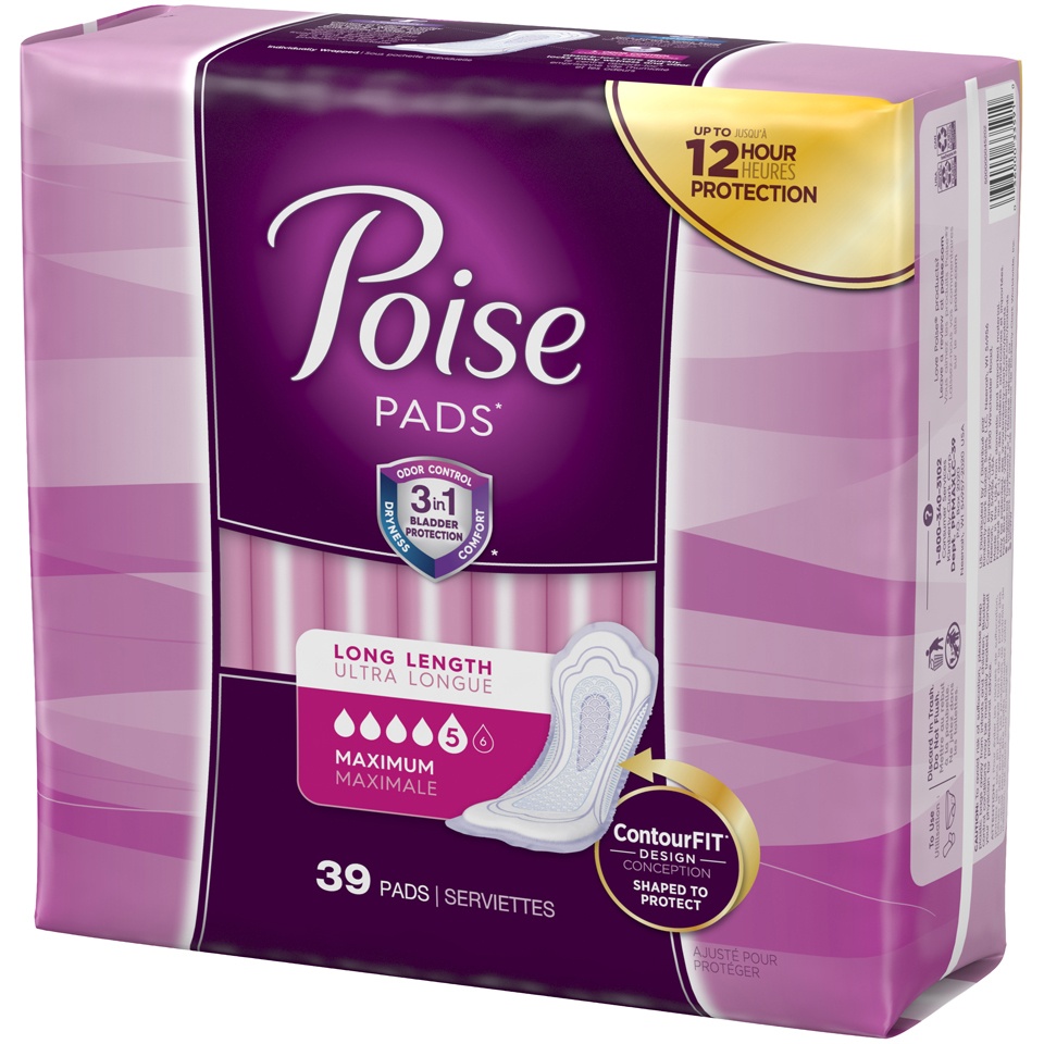 slide 3 of 3, Poise Maximum Absorbency Long Incontinence Pads, 39 ct