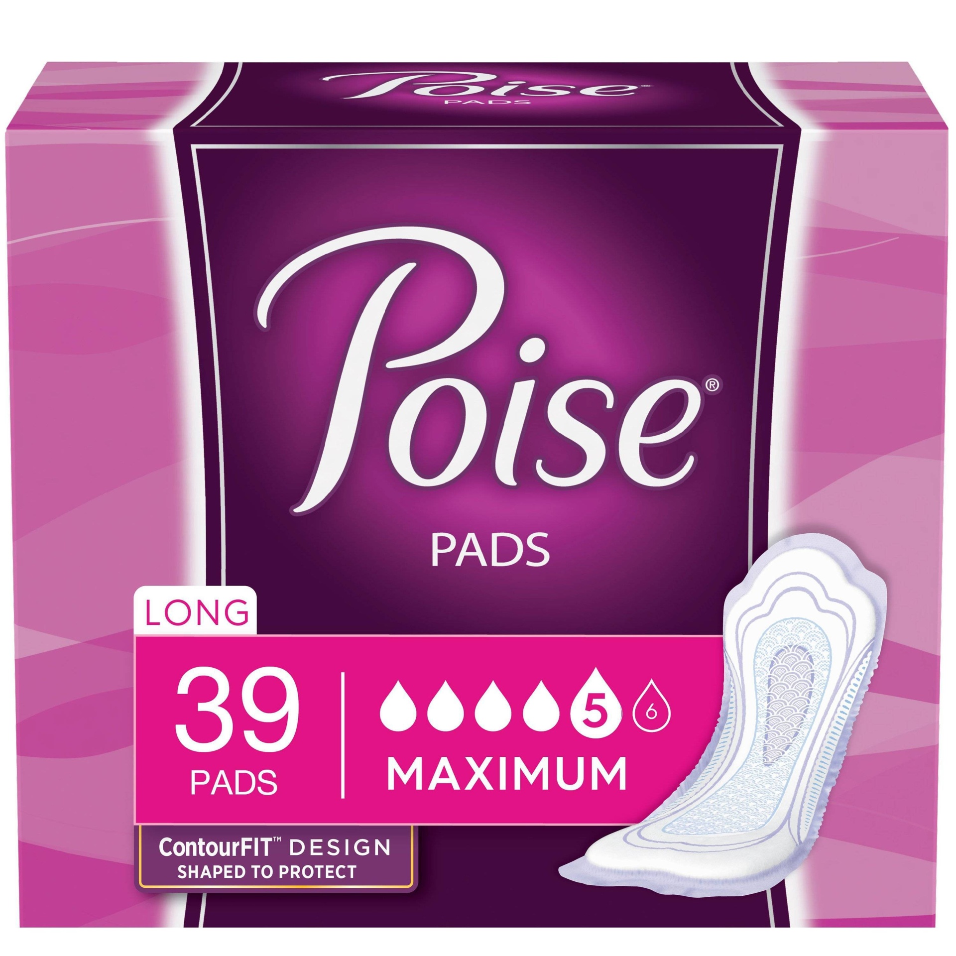 slide 1 of 3, Poise Maximum Absorbency Long Incontinence Pads, 39 ct