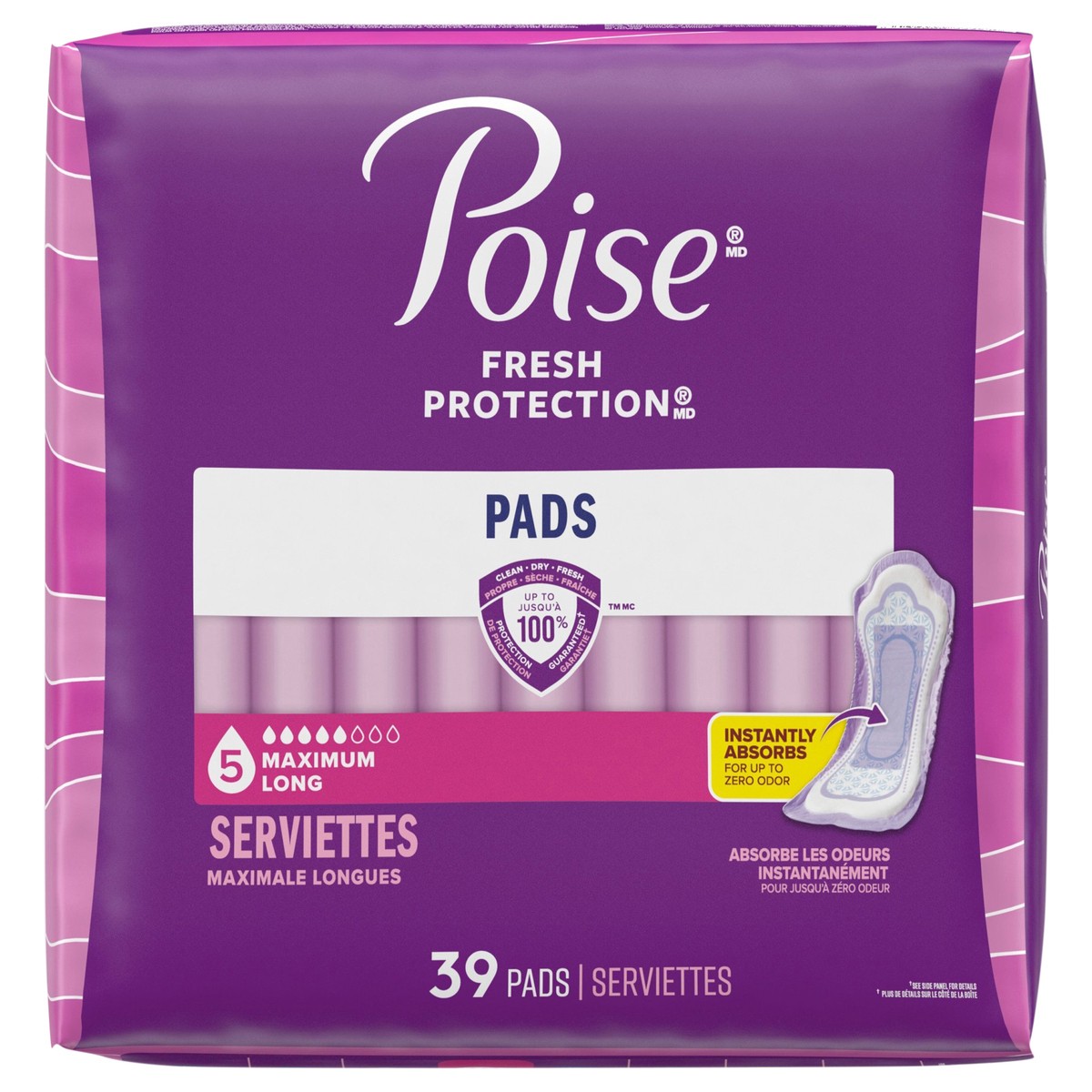 slide 1 of 1, Poise Incontinence & Postpartum Pads for Bladder Leaks, 5 Drop Maximum Absorbency, Long Length, 39 Count, 39 ct