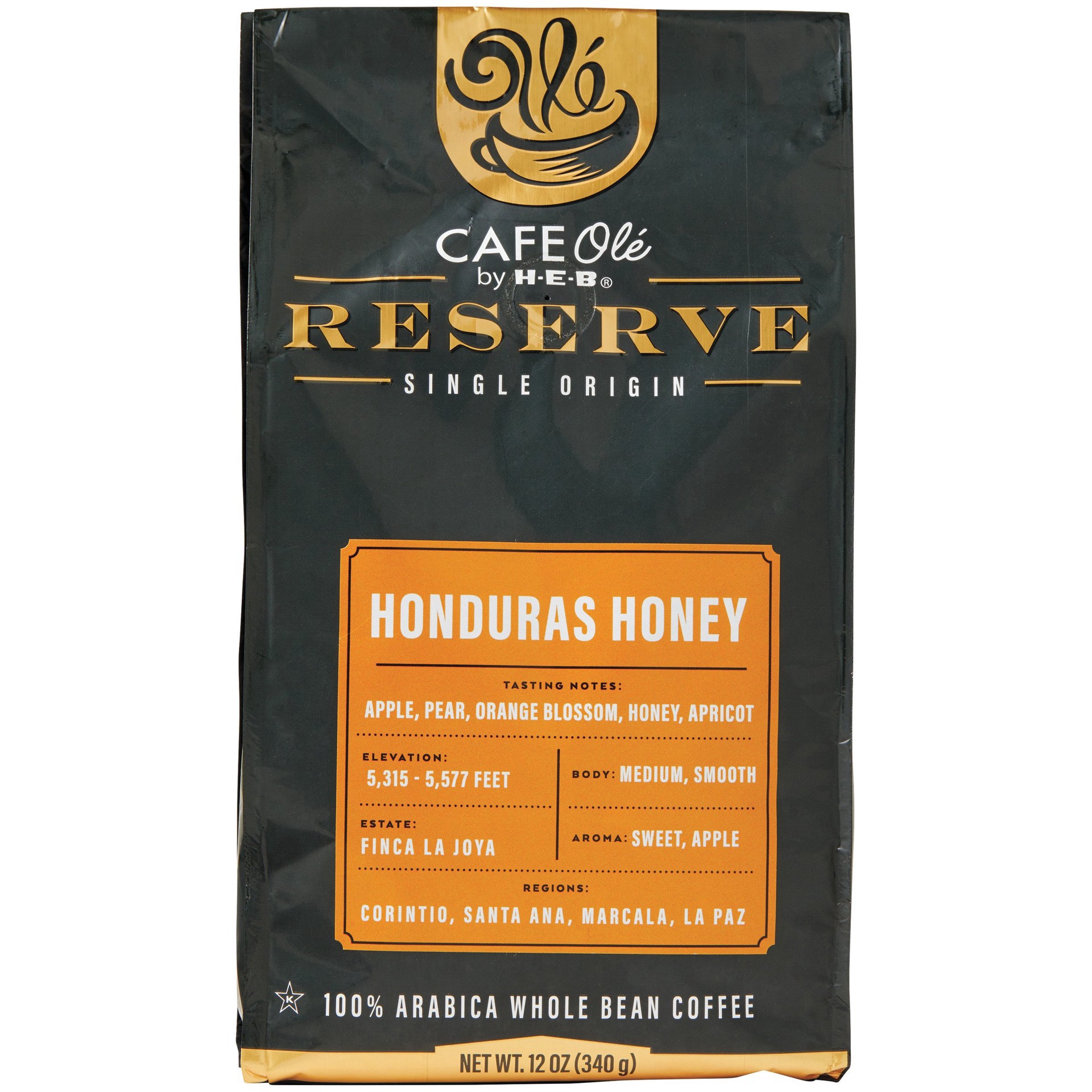 slide 1 of 1, CAFE Olé by H-E-B Reserve Single Origin Whole Bean Honduras Honey Coffee, 12 oz