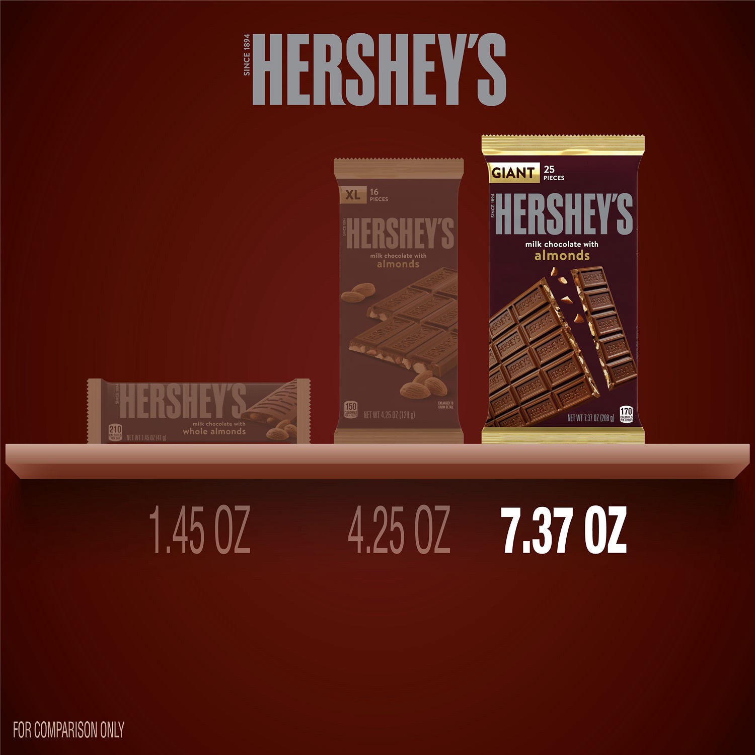 slide 6 of 9, Hershey's Milk Chocolate with Almonds Giant, Candy Bar, 7.37 oz (25 Pieces), 7.37 oz