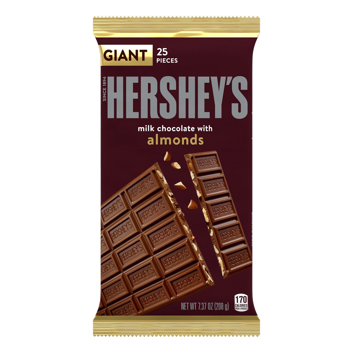 slide 1 of 9, Hershey's Milk Chocolate with Almonds Giant, Candy Bar, 7.37 oz (25 Pieces), 7.37 oz