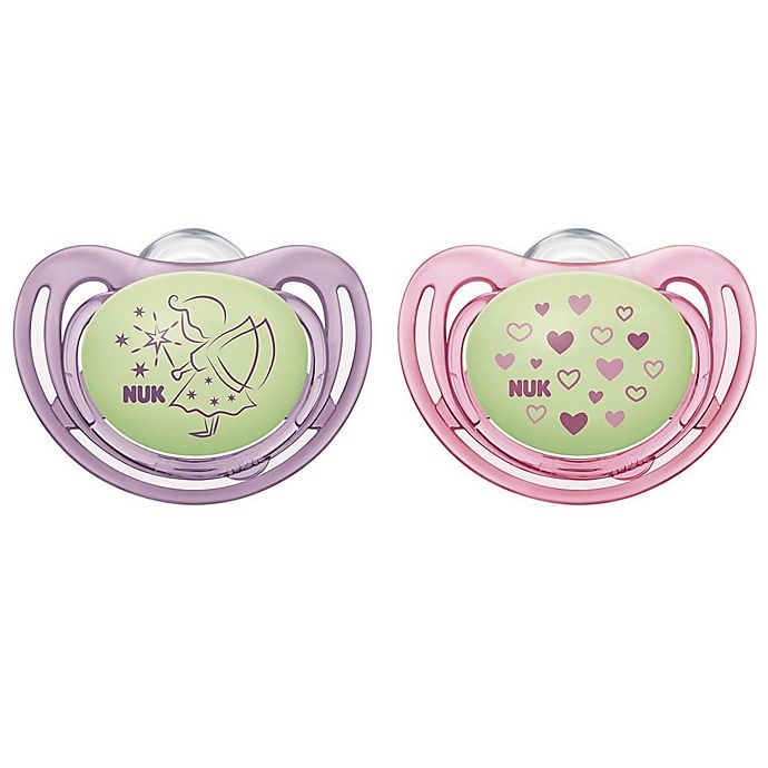 slide 1 of 8, NUK Airflow Glow-in-the-Dark 6-18 Months Pacifiers - Pink and Purple, 2 ct