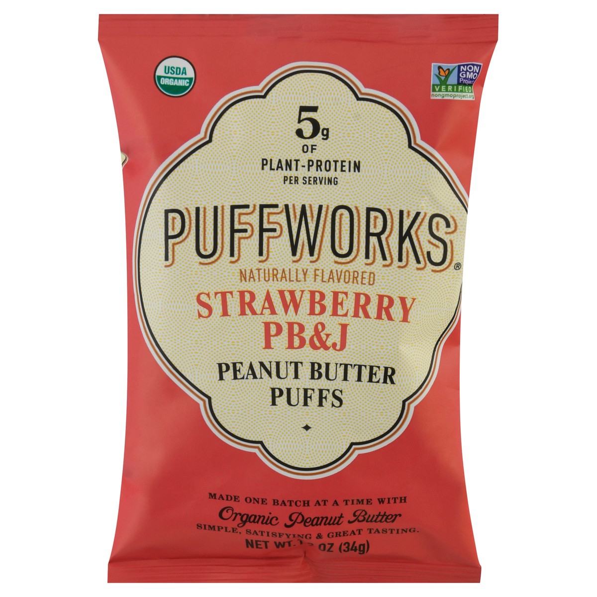 slide 1 of 9, Puffworks Strawberry PB&J Peanut Butter Puffs 1.2 oz, 1.2 oz