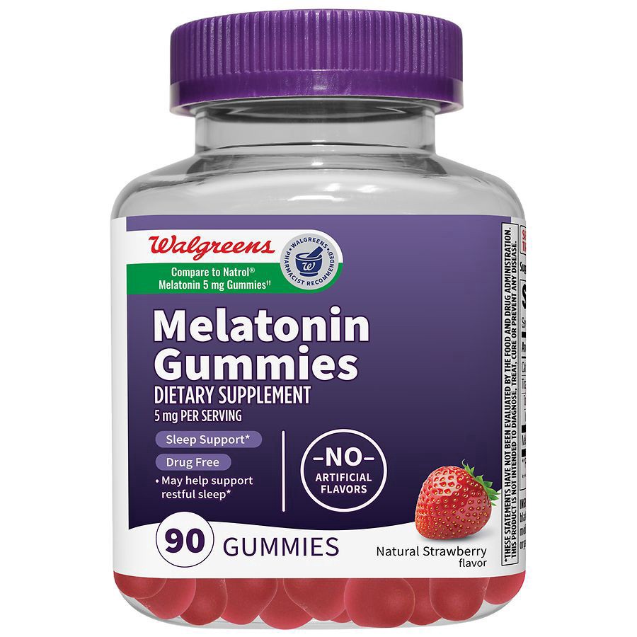 slide 1 of 4, Walgreens Melatonin Gummies 5 mg Natural Strawberry, 90 ct