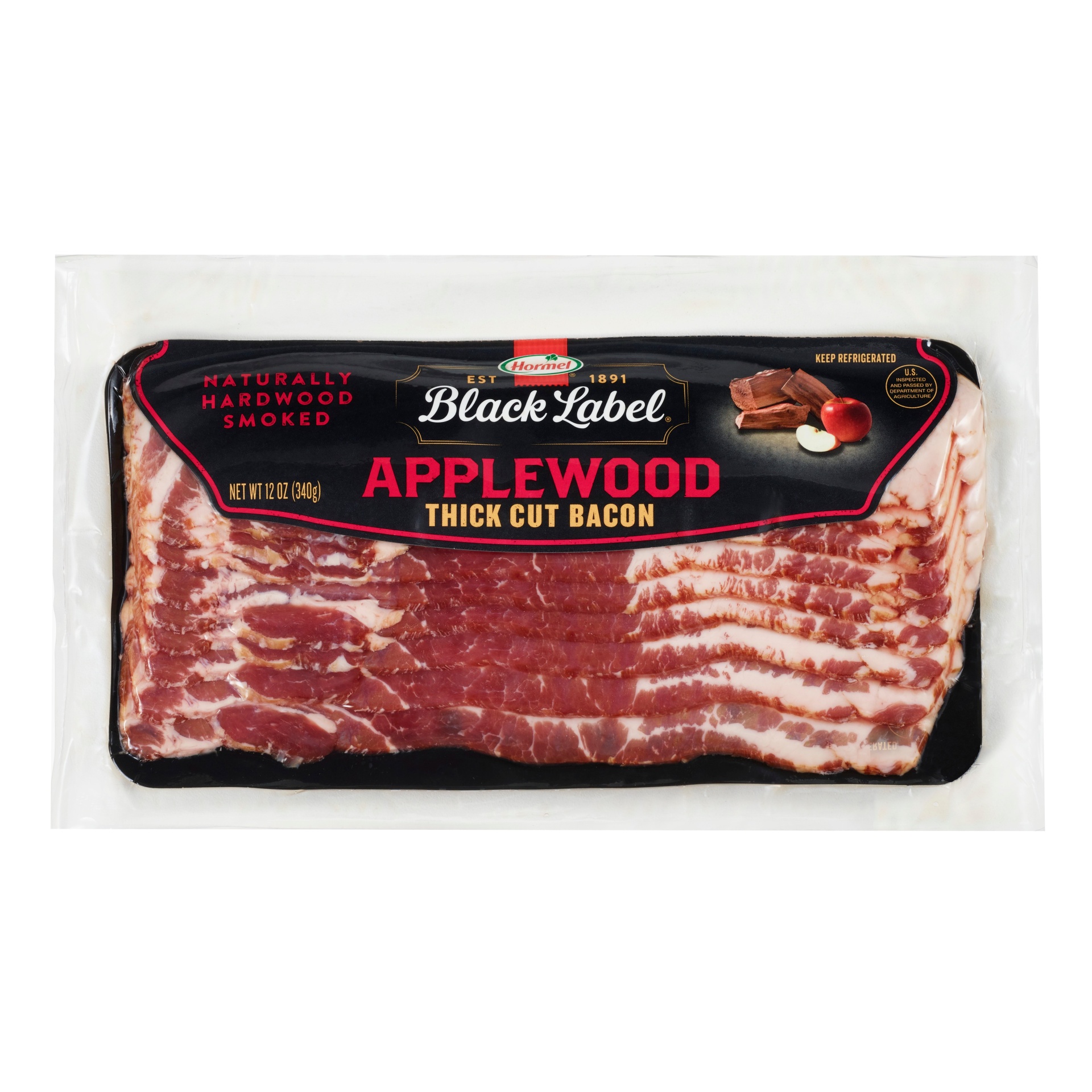 slide 1 of 6, HORMEL BLACK LABEL Applewood Smoked Thick Cut Bacon, 12 oz