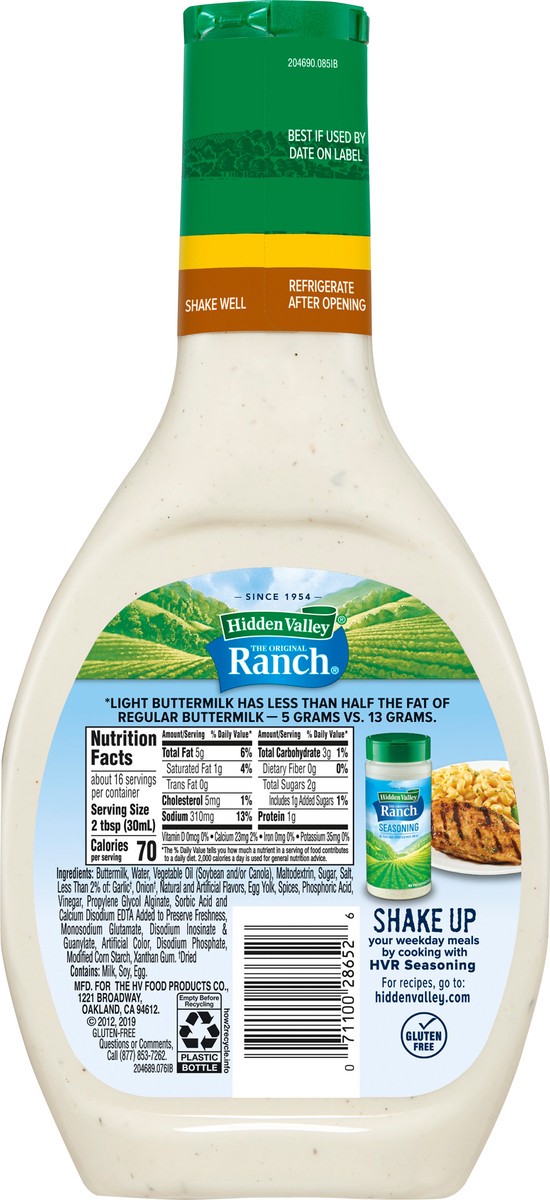 slide 5 of 7, Hidden Valley Buttermilk Ranch Light Salad Dressing & Topping, Gluten Free - 16 Ounce Bottle, 16 fl oz