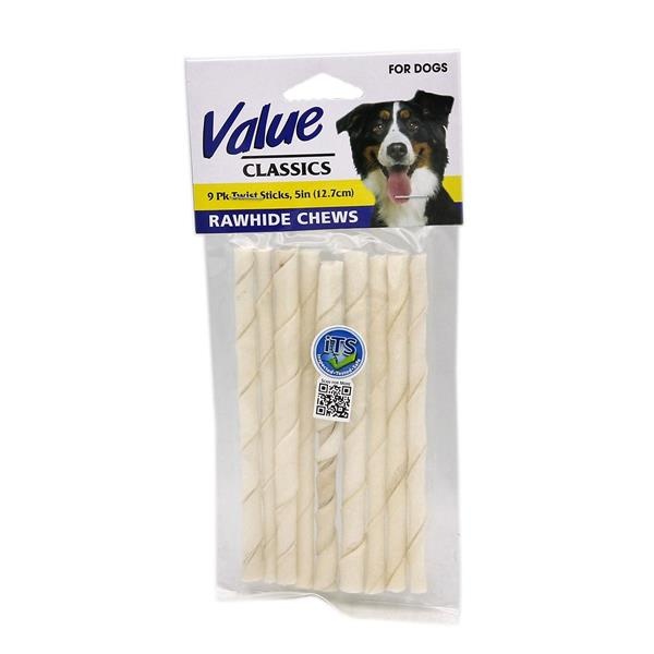 slide 1 of 1, Value Classics Rawhide ChewsWhite Twist Sticks, 9 ct