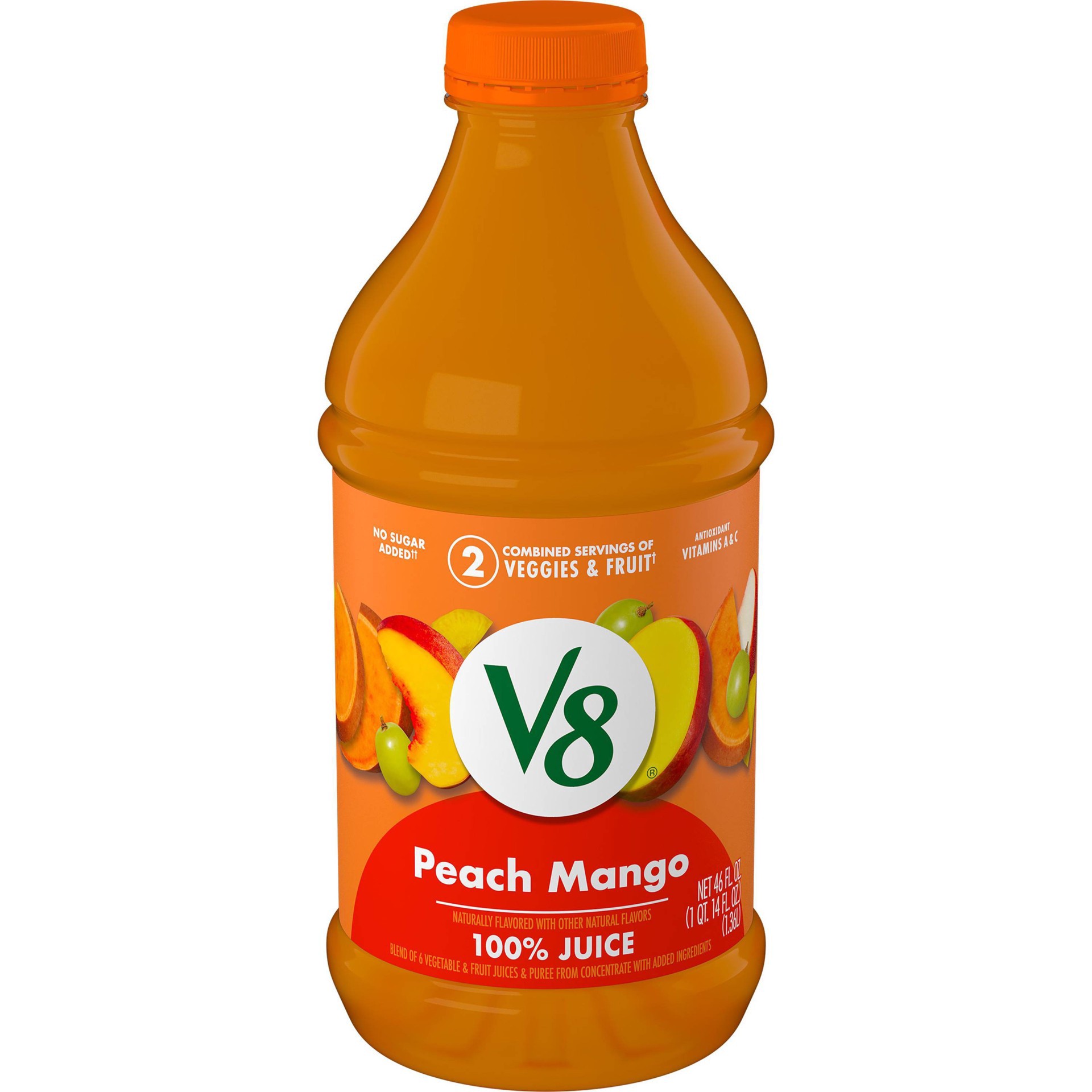 slide 1 of 7, V8 Peach Mango 100% Fruit and Vegetable Juice, 46 fl oz