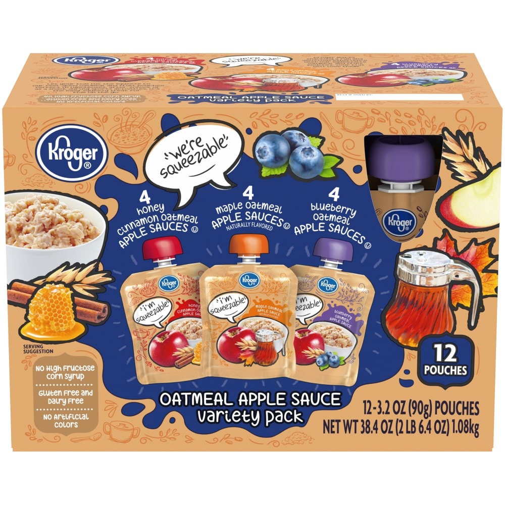 slide 1 of 1, Kroger Oatmeal Apple Sauce Pouch Variety Pack, 12 ct; 3.2 oz