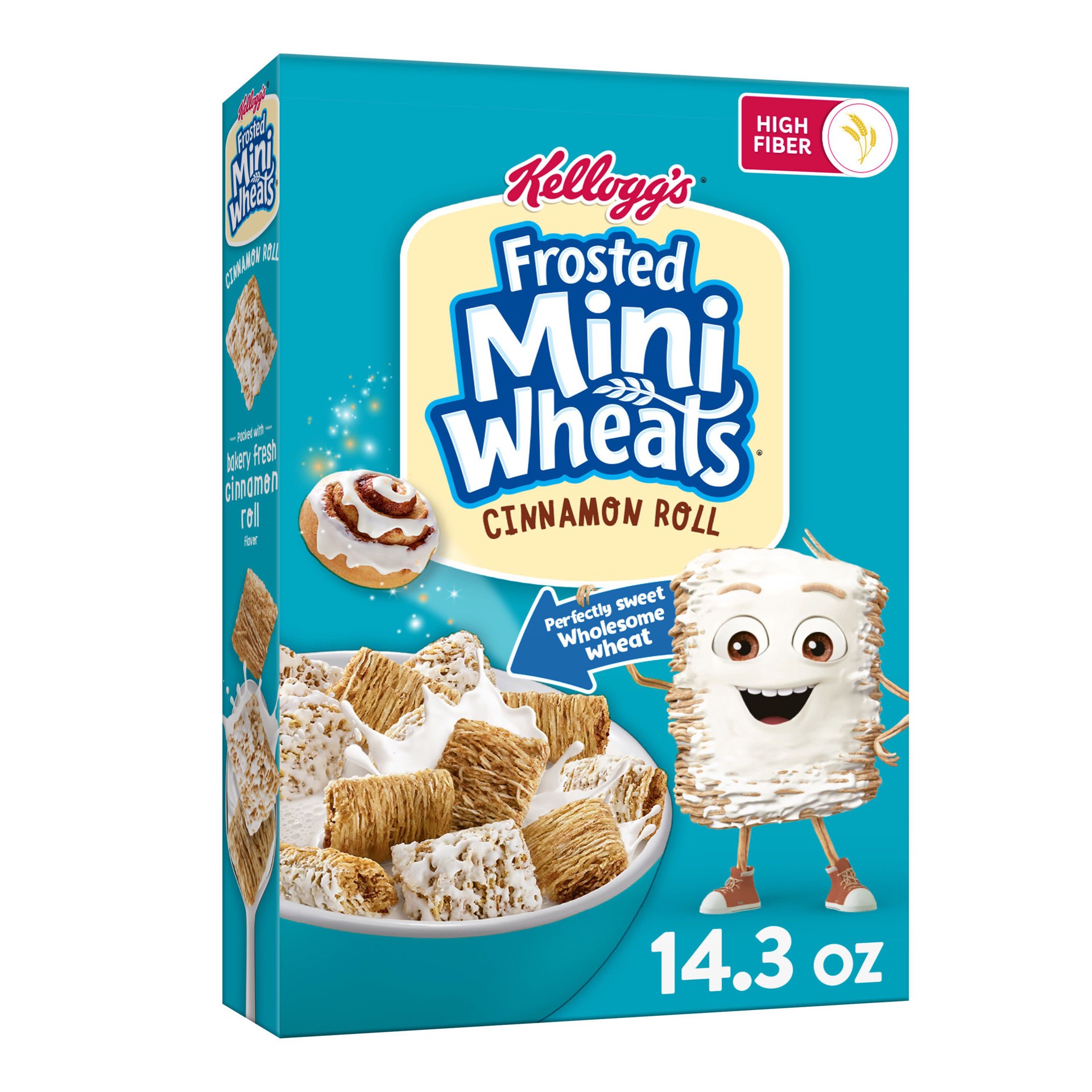 slide 1 of 5, Frosted Mini-Wheats Kellogg's Frosted Mini-Wheats Cold Breakfast Cereal, Fiber Cereal, Whole Grain, Cinnamon Roll, 14.3oz Box, 1 Box, 14.3 oz