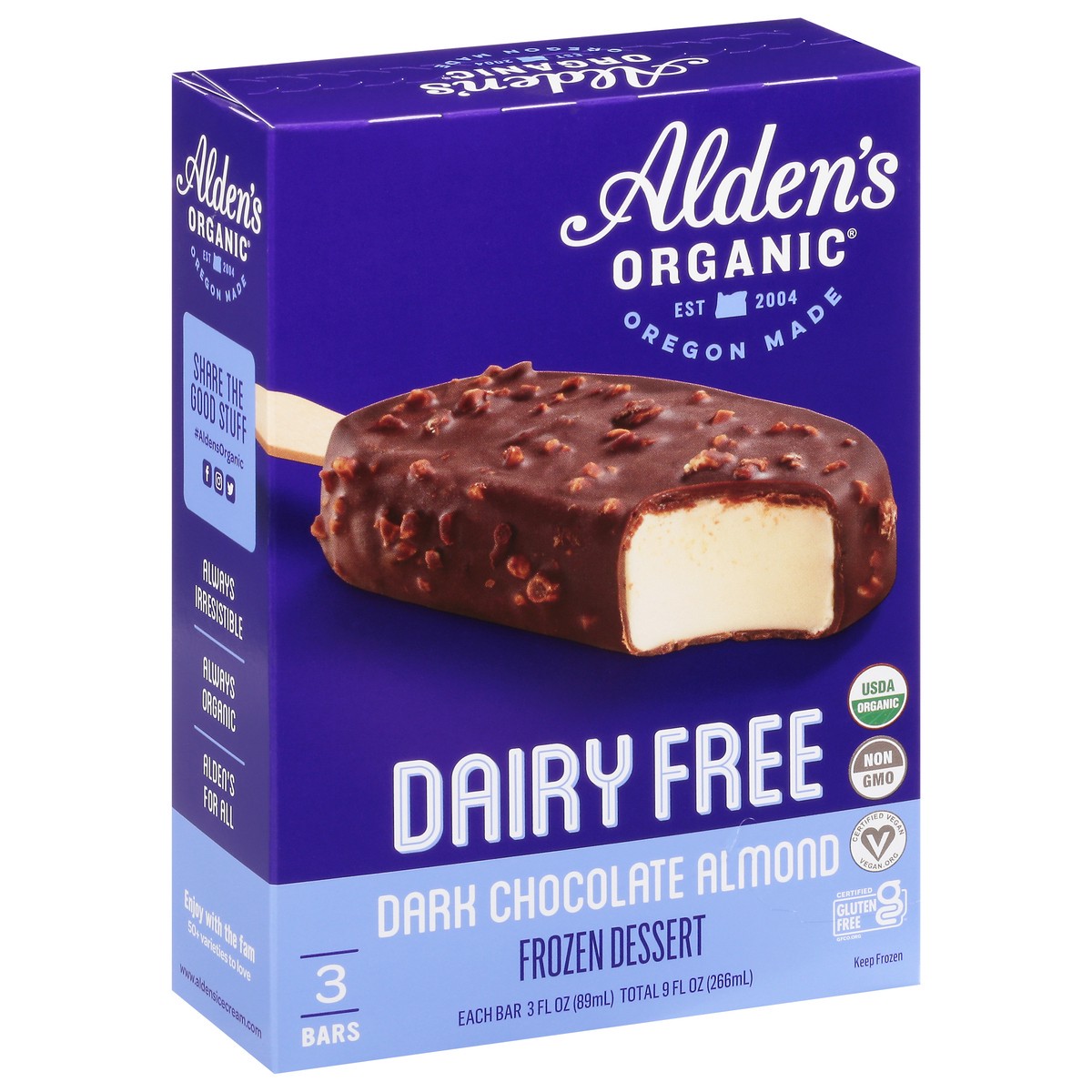 slide 8 of 13, Alden's Organic Frozen Dessert, Dairy Free, Dark Chocolate Almond, 3 Each, 3 ct