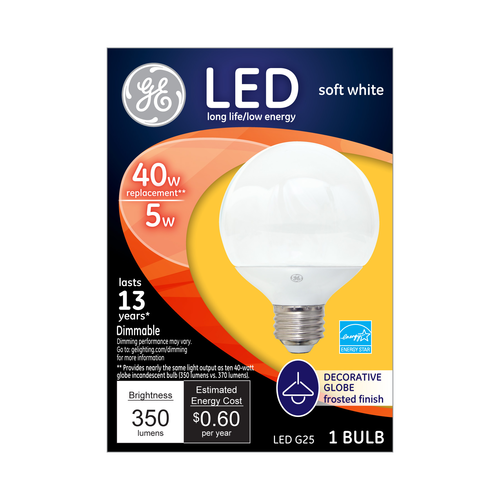 slide 1 of 1, GE LED 5-Watt (40-Watt) Soft White Decorative Globe Frosted Finish Light Bulb, 1 ct