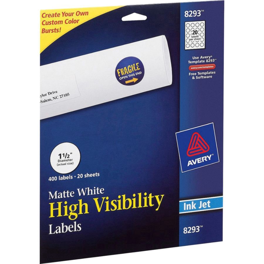 slide 3 of 10, Avery Permanent High-Visibility Labels, 8293, Round, White, 400 ct; 1.5 in