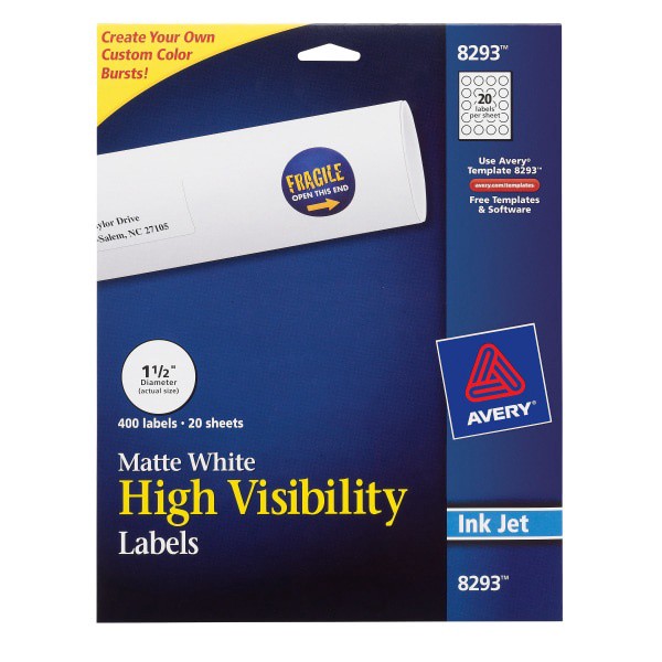 slide 1 of 10, Avery Permanent High-Visibility Labels, 8293, Round, White, 400 ct; 1.5 in