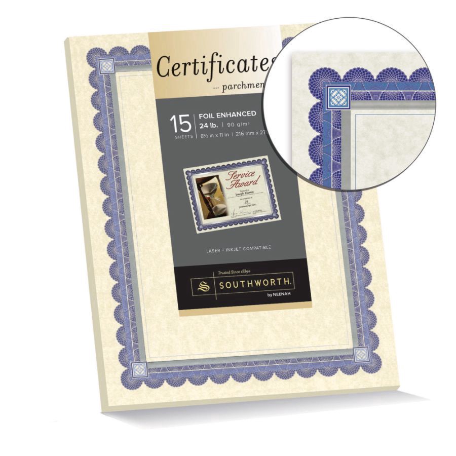slide 4 of 9, Southworth Foil Enhanced Preprinted Certificate Refills, Ivory/Silver/Blue, 15 ct