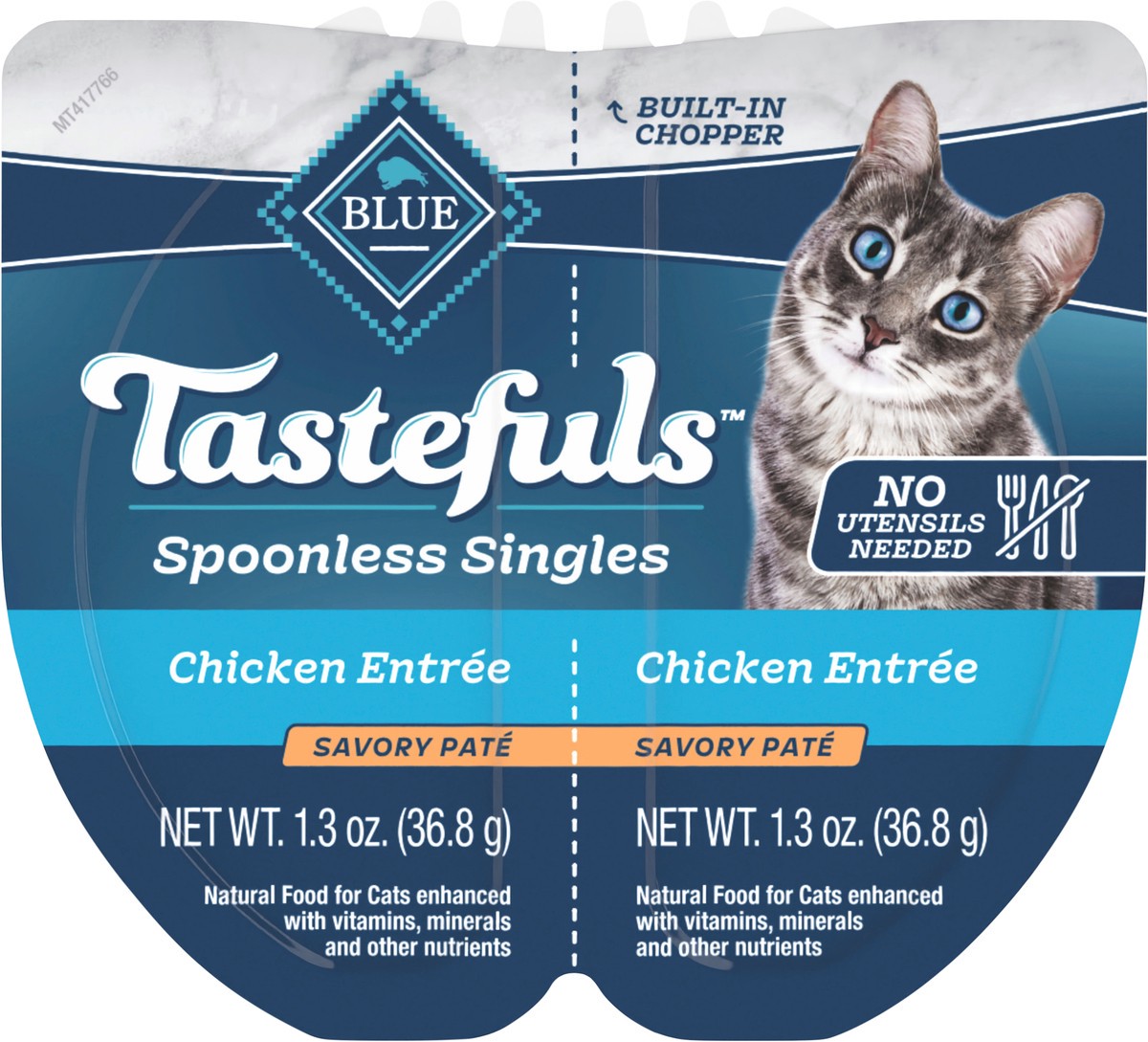 slide 1 of 2, Blue Buffalo Tastefuls Spoonless Singles Adult Pate Wet Cat Food, Chicken Entrée, Perfectly Portioned Cups in a 2.6-oz Twin-Pack Tray, 2 ct