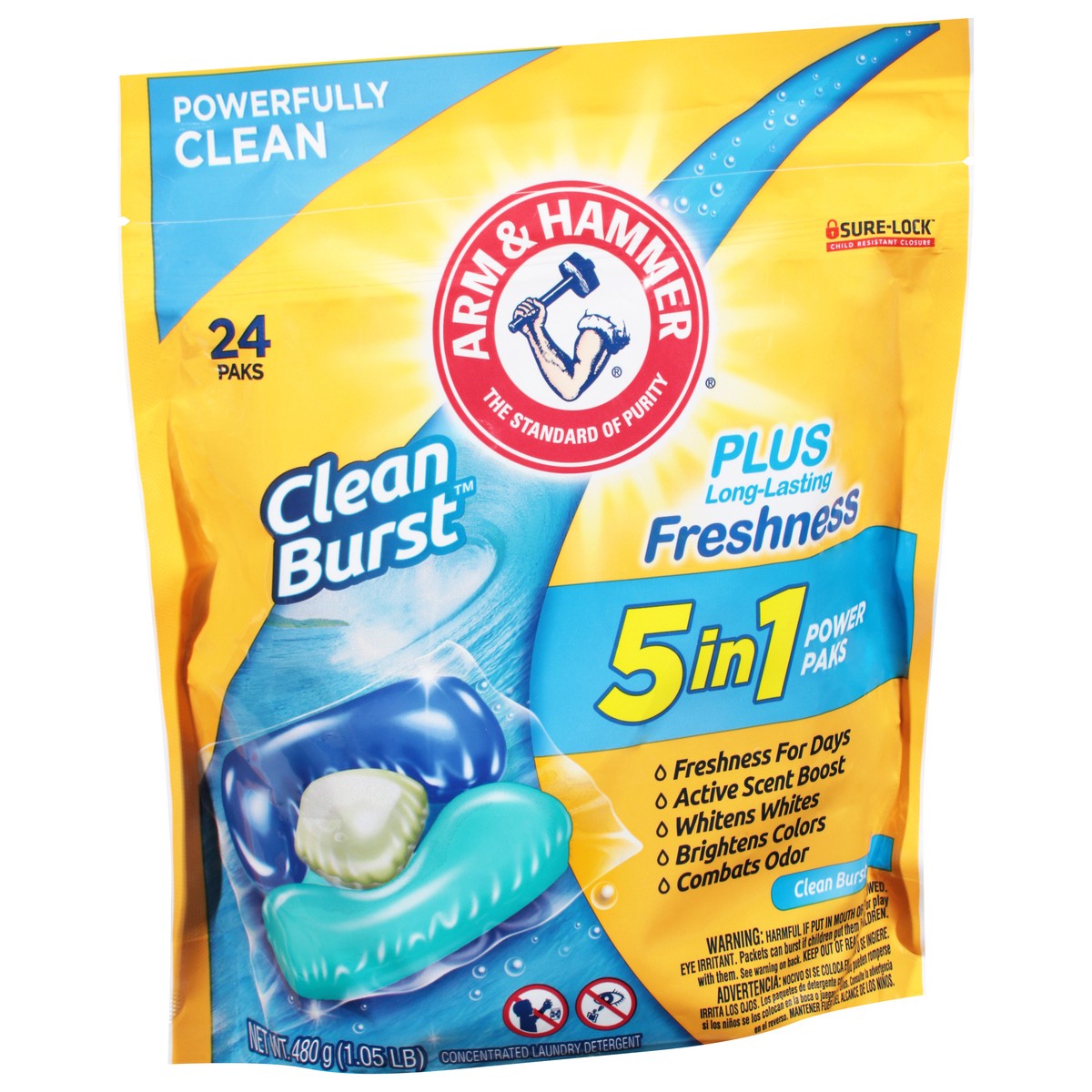slide 4 of 10, ARM & HAMMER Clean Burst 5-in-1 Laundry Detergent Power Paks, Powerfully Clean, Clean Burst Scent, 24 Count, 24 ct