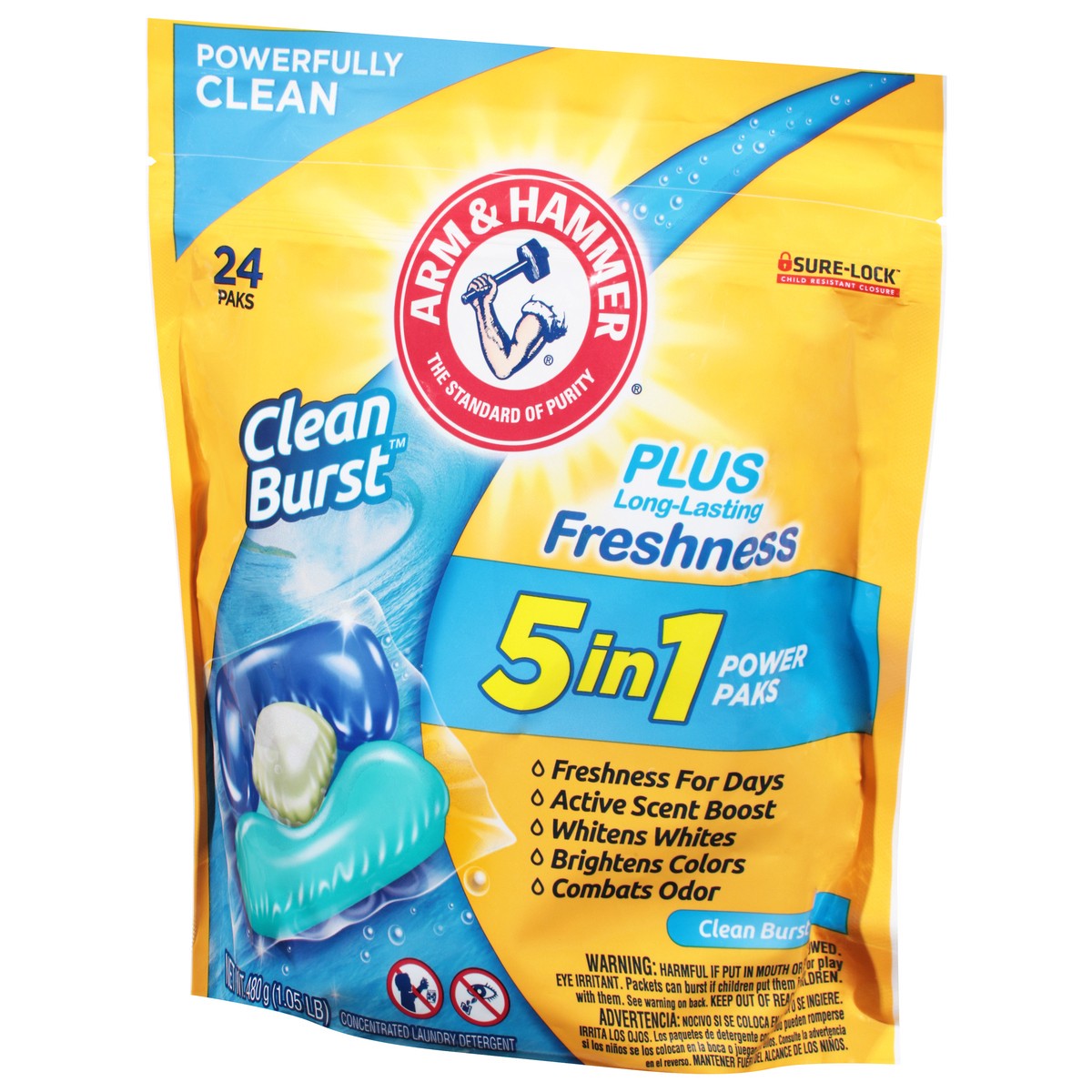 slide 3 of 10, ARM & HAMMER Clean Burst 5-in-1 Laundry Detergent Power Paks, Powerfully Clean, Clean Burst Scent, 24 Count, 24 ct