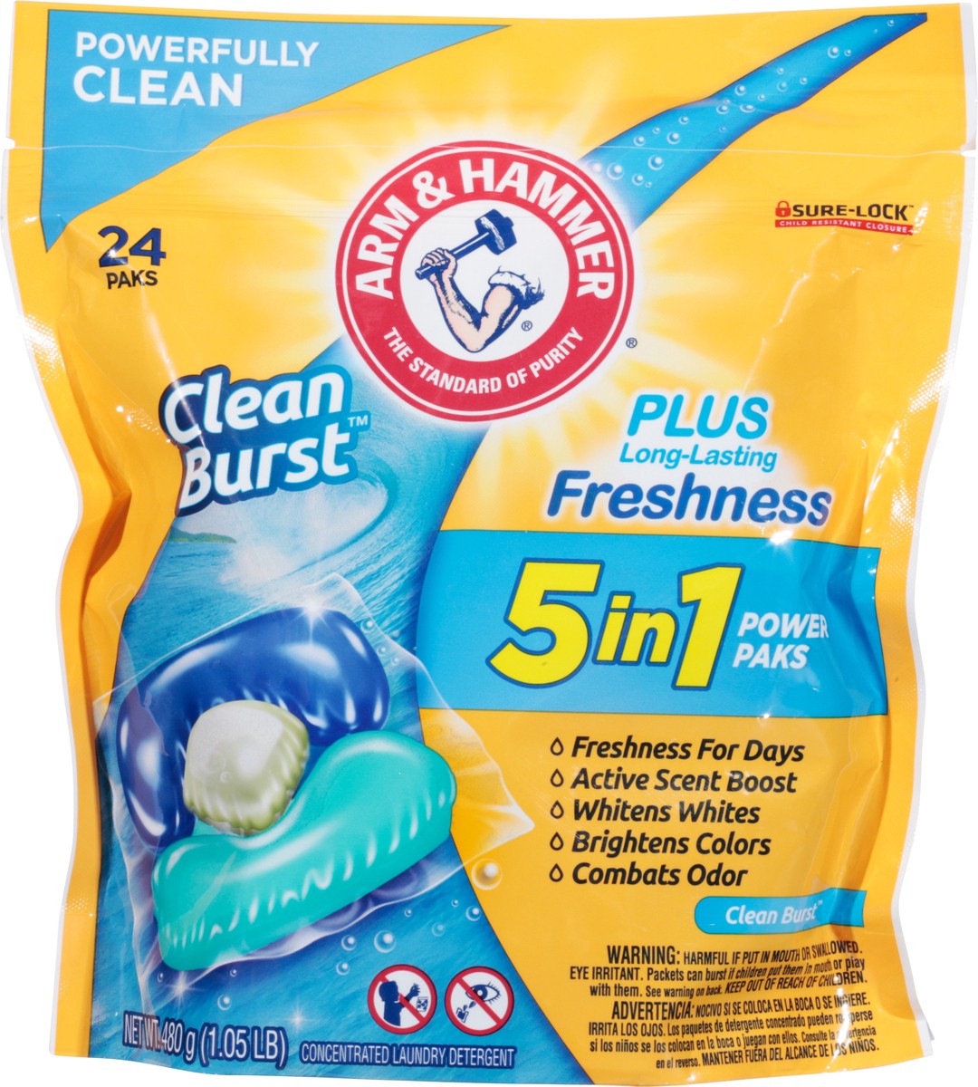 slide 2 of 10, ARM & HAMMER Clean Burst 5-in-1 Laundry Detergent Power Paks, Powerfully Clean, Clean Burst Scent, 24 Count, 24 ct