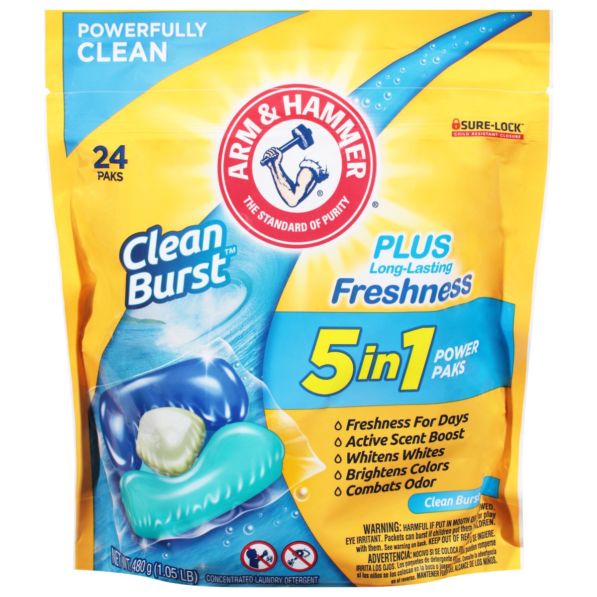 slide 9 of 10, ARM & HAMMER Clean Burst 5-in-1 Laundry Detergent Power Paks, Powerfully Clean, Clean Burst Scent, 24 Count, 24 ct