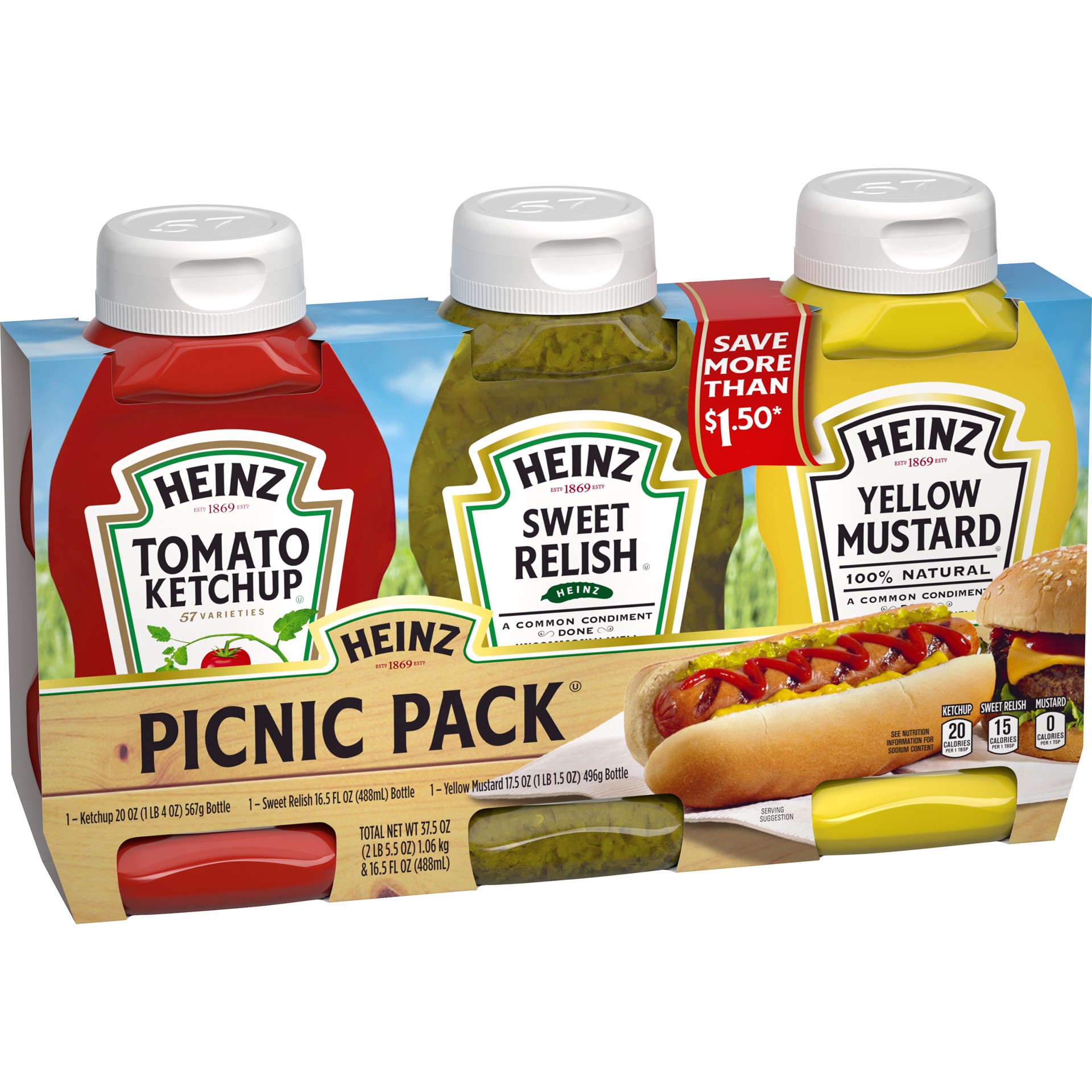 slide 2 of 7, Heinz Tomato Ketchup, Sweet Relish & 100% Natural Yellow Mustard Picnic Variety Pack Pack, 3 ct