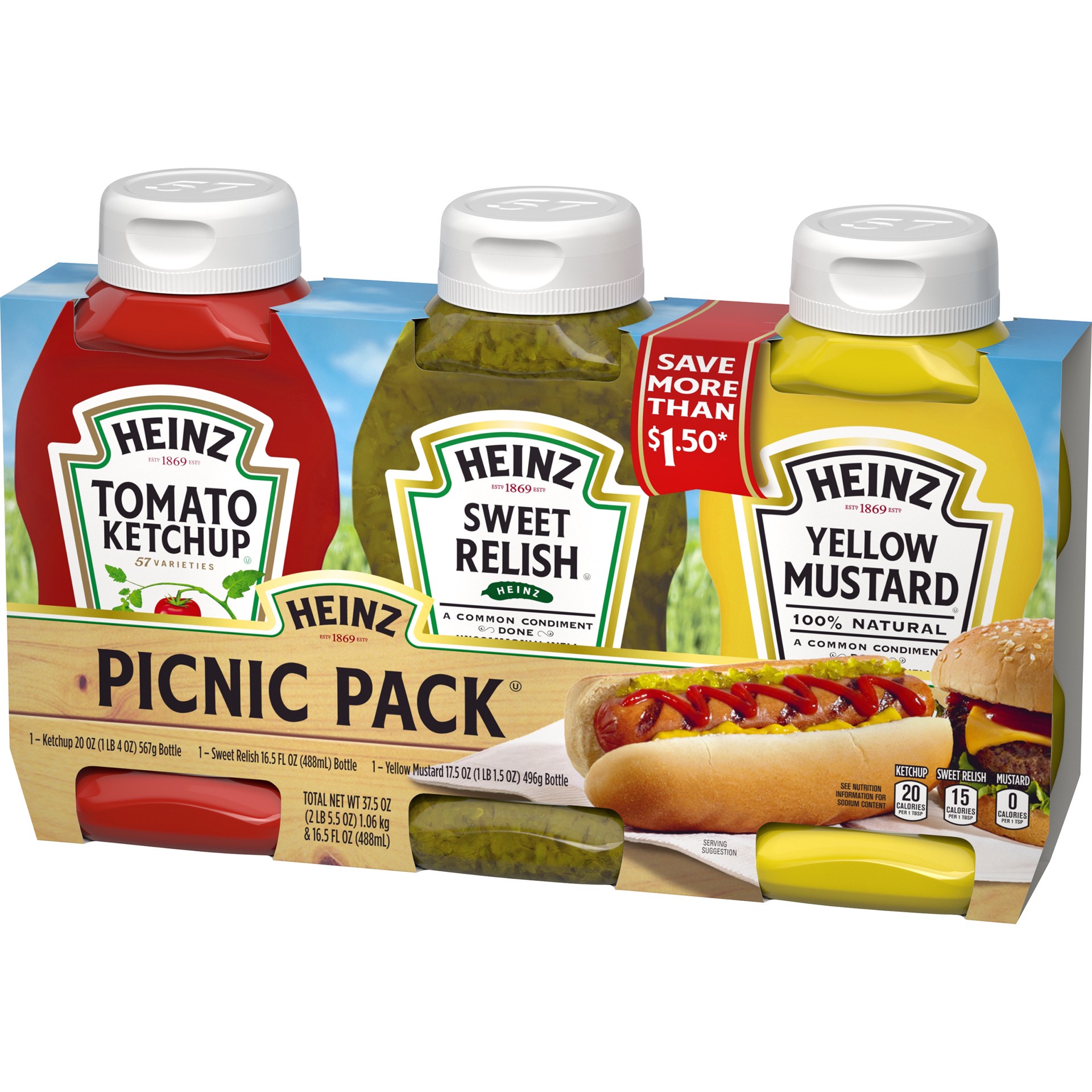 slide 5 of 7, Heinz Tomato Ketchup, Sweet Relish & 100% Natural Yellow Mustard Picnic Variety Pack Pack, 3 ct