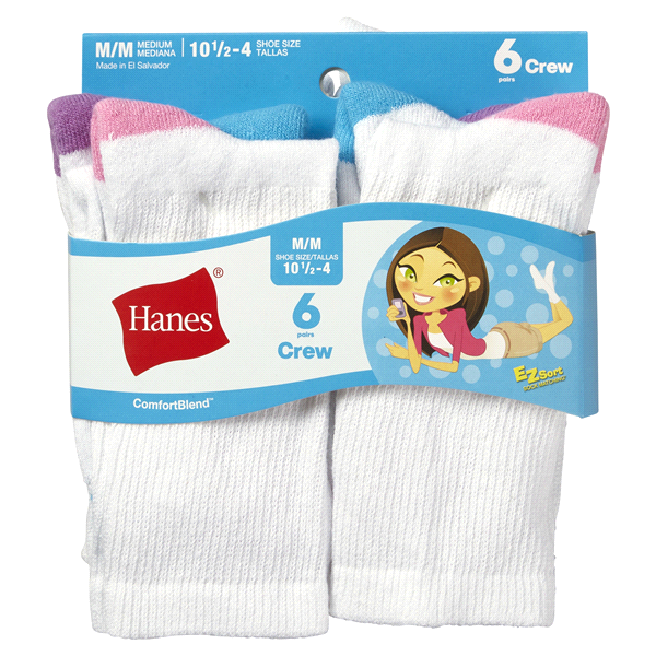 slide 1 of 1, Hanes Girl's Crew Socks - Medium, 6 ct