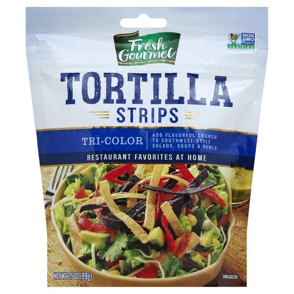 slide 1 of 1, Fresh Gourmet Tri-Color Tortilla Strips, 3.5 oz