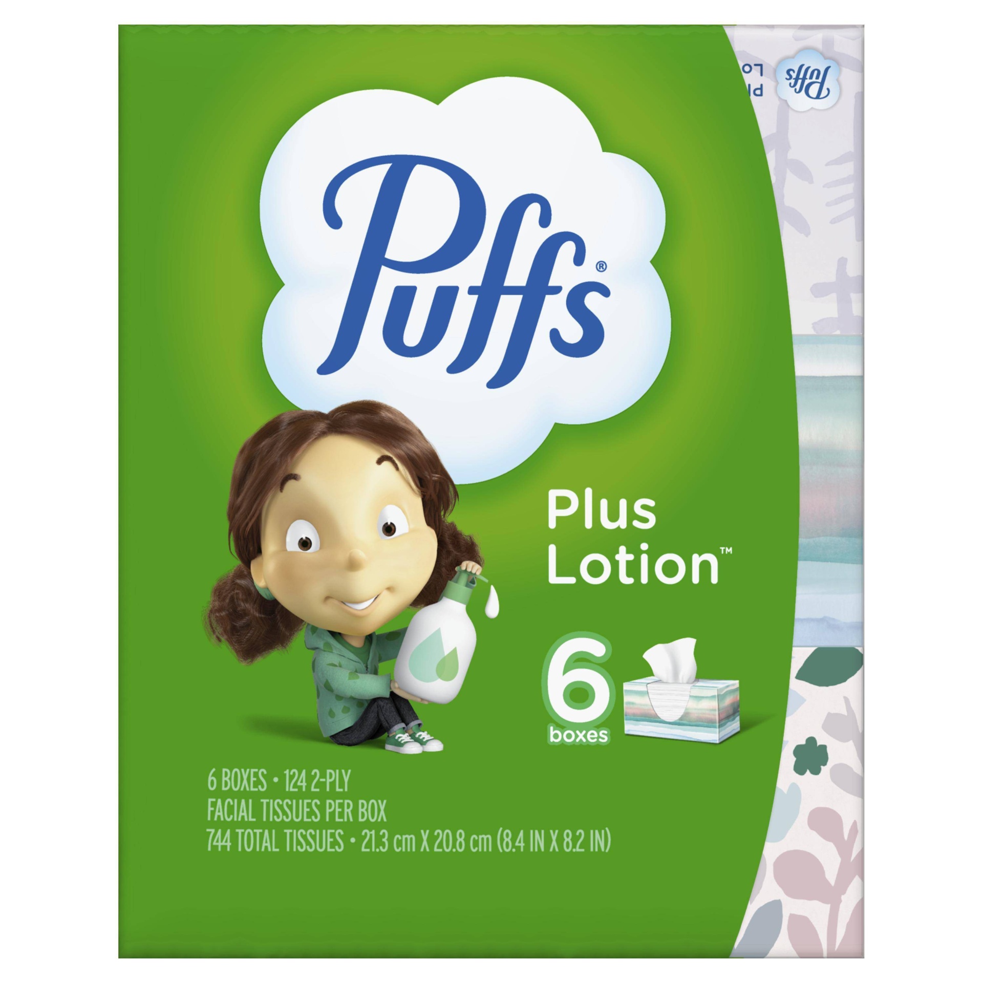 slide 1 of 9, Puffs Plus Lotion Facial Tissue, 6 ct, 124 ct