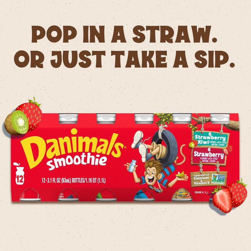 slide 5 of 14, Danimals Strawberry & Strawberry Kiwi Kids' Smoothies - 12ct/3.1 fl oz Bottles, 12 ct; 3.1 fl oz