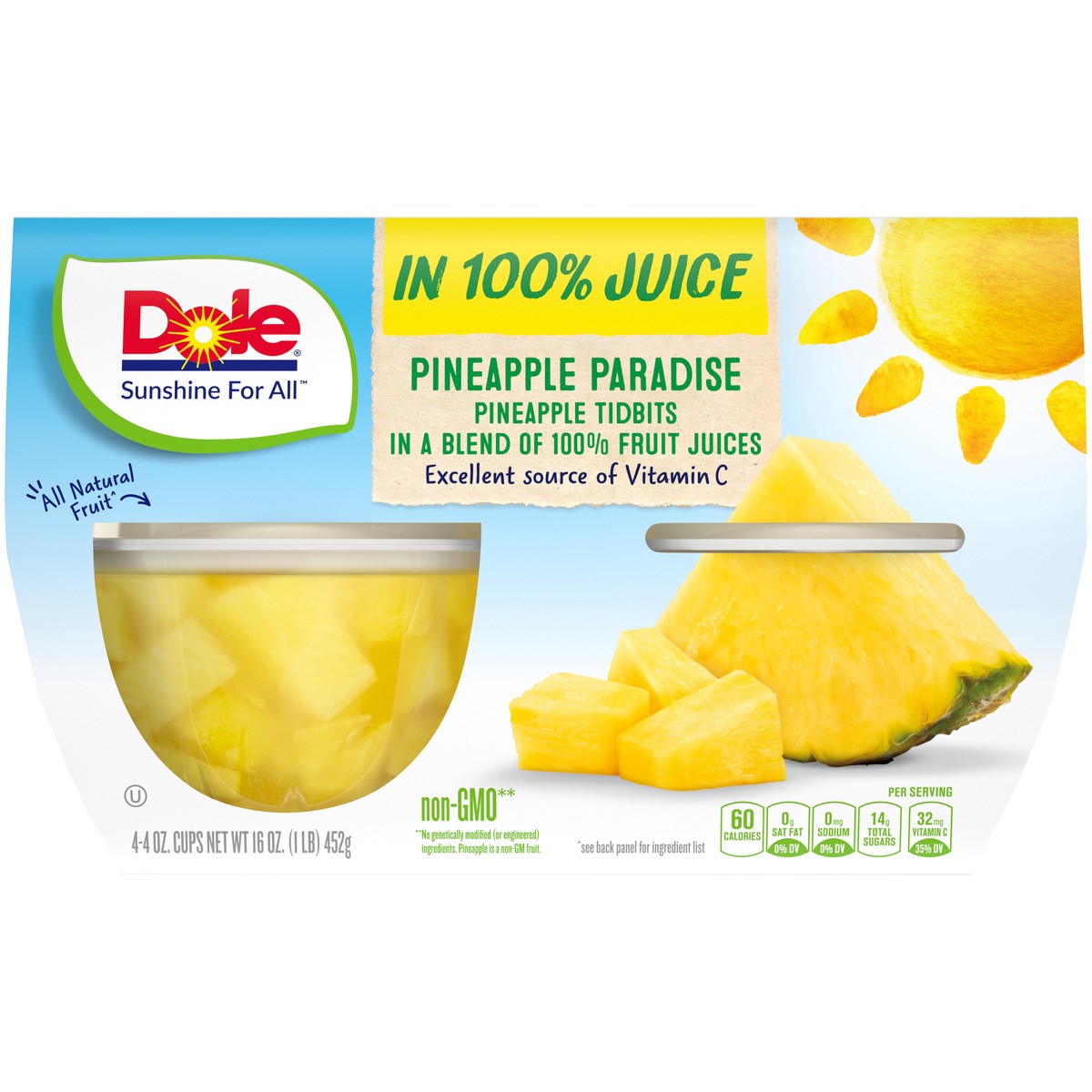 slide 4 of 9, Dole Pineapple Tidbits in 100% Fruit Juice 4 - 4 oz Cups, 4 ct