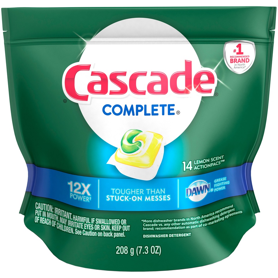 slide 4 of 4, Cascade Complete Dawn Lemon Scent Action Pacs Dishwasher Detergent, 14 ct