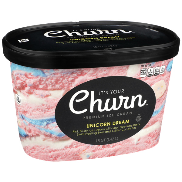 slide 1 of 1, It's Your Churn Unicorn Dream Pink Fruity Premium Ice Cream With Sour Blue Raspberry Swirl, Frosting Swirl And Glitter Candy Bits, 1.5 qt