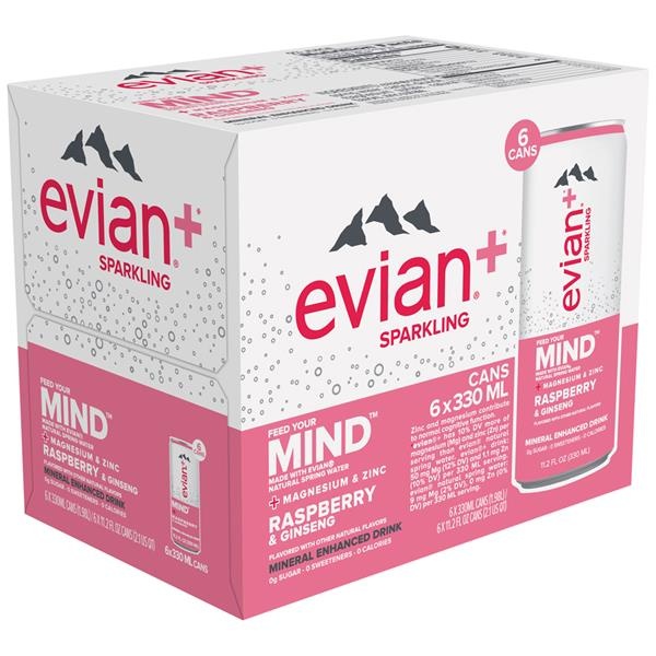 slide 1 of 1, Evian+ Sparkling Mind Raspberry & Ginseng Mineral Enhanced Drink, 6 ct; 11.2 fl oz