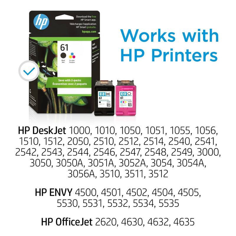 slide 10 of 12, HP Inc. HP 61 2pk Ink Cartridges - Black, Tri-color (CR259FN#140): Standard Yield Printer Ink, 2 ct