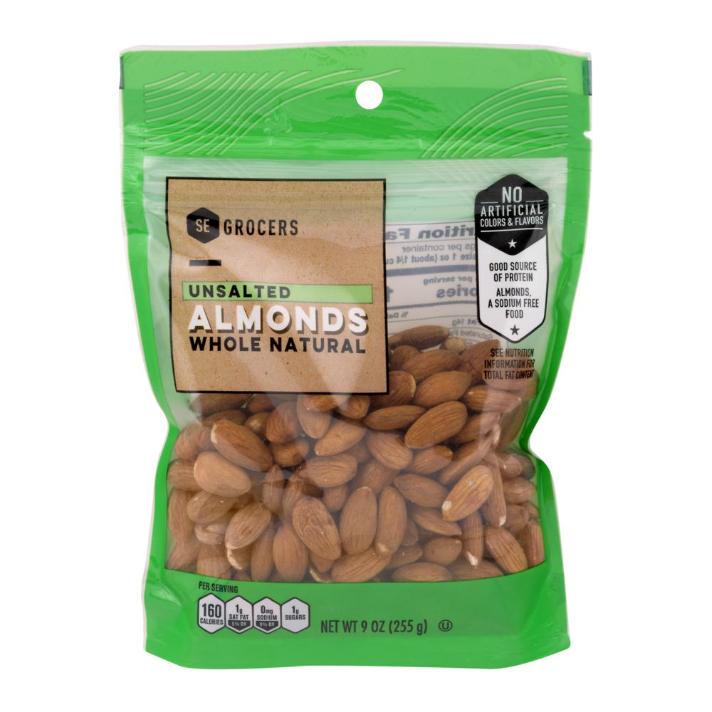 slide 1 of 1, SE Grocers Unsalted Almonds Whole Natural, 9 oz