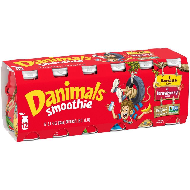 slide 12 of 18, Danimals Strawberry & Banana Split Kids' Smoothies - 12ct/3.1 fl oz Bottles, 12 ct; 3.1 fl oz