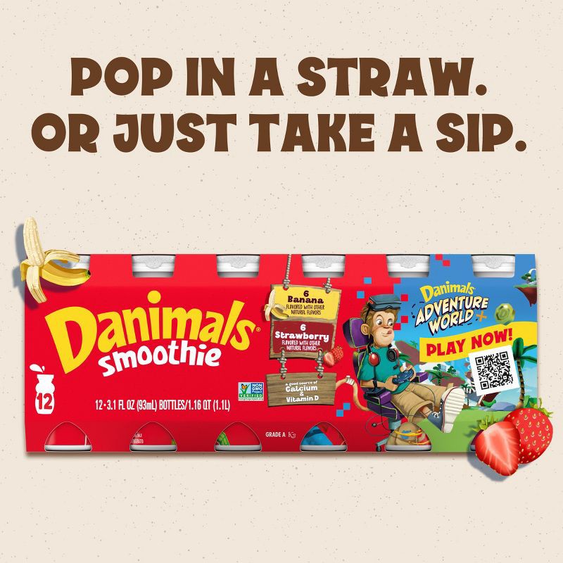 slide 5 of 12, Danimals Strawberry & Banana Split Kids' Smoothies - 12ct/3.1 fl oz Bottles, 12 ct; 3.1 fl oz